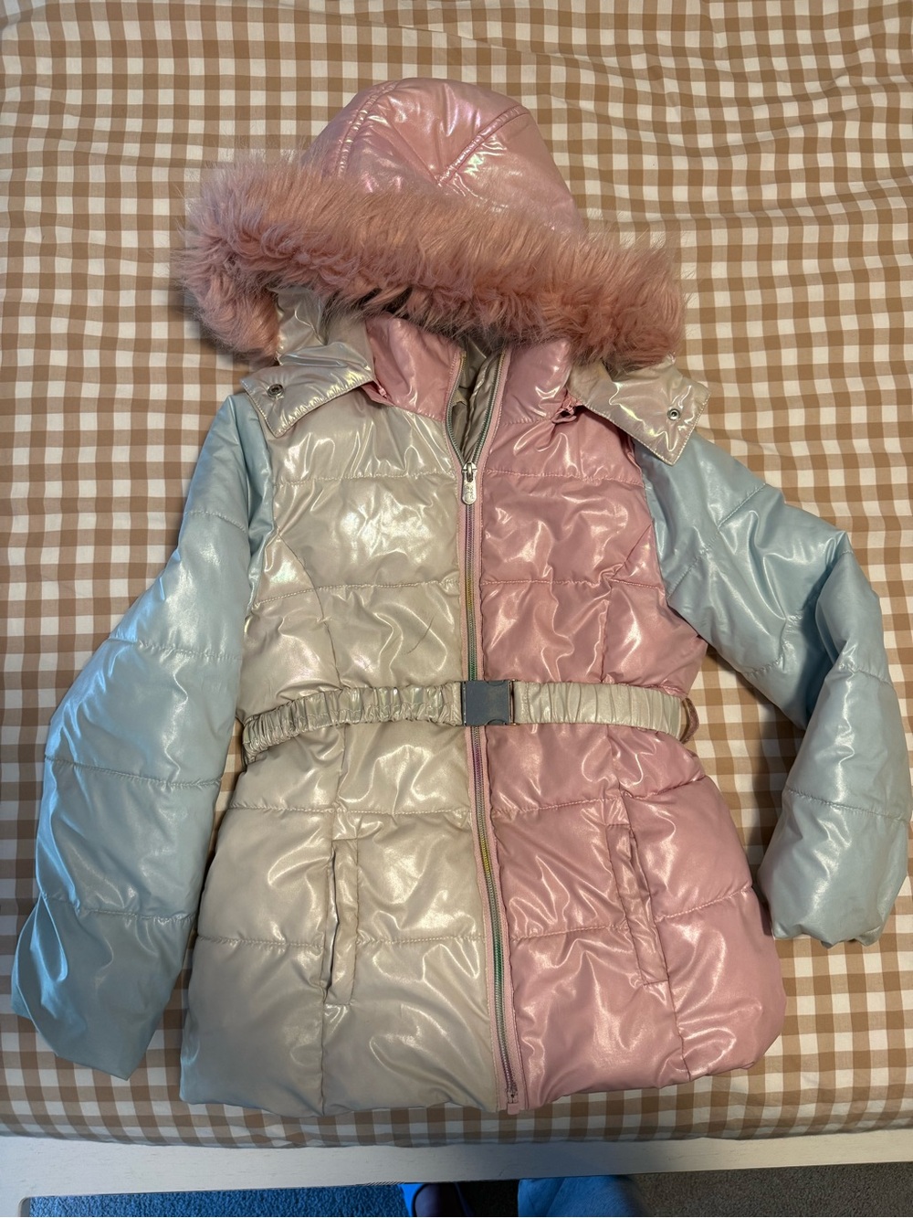 Peek Girls Shiny Colorblock Puffer Coat with Faux Fur Hood - Pink, Blue, Cream